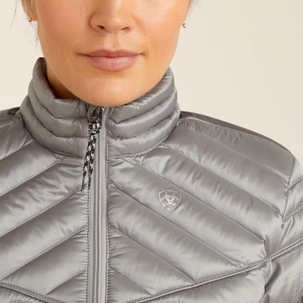 Ariat Ideal Down Jacket, Iridescent Ultimate Grey, Front Jacket Detail on Model