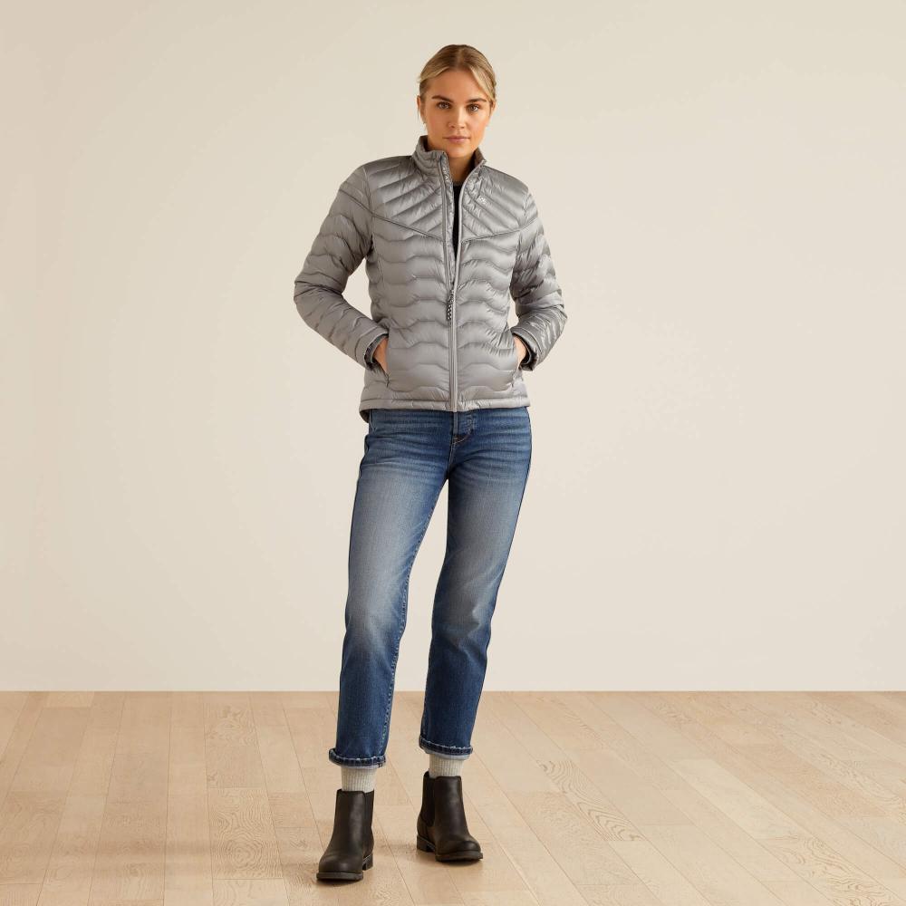 Ariat Ideal Down Jacket, Iridescent Ultimate Grey, Full View on Model Wearing Jeans and Black Booties