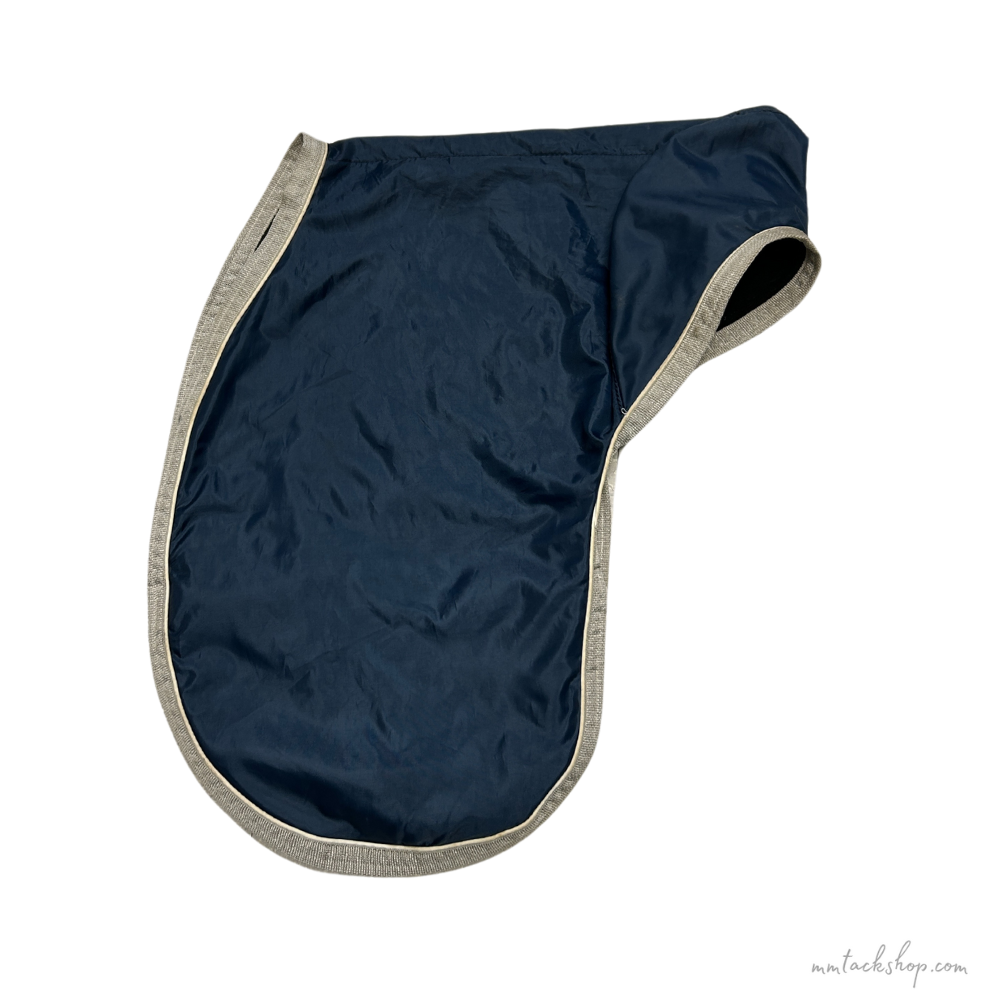 Navy Blue Dressage Saddle Cover with Grey Binding and White Piping