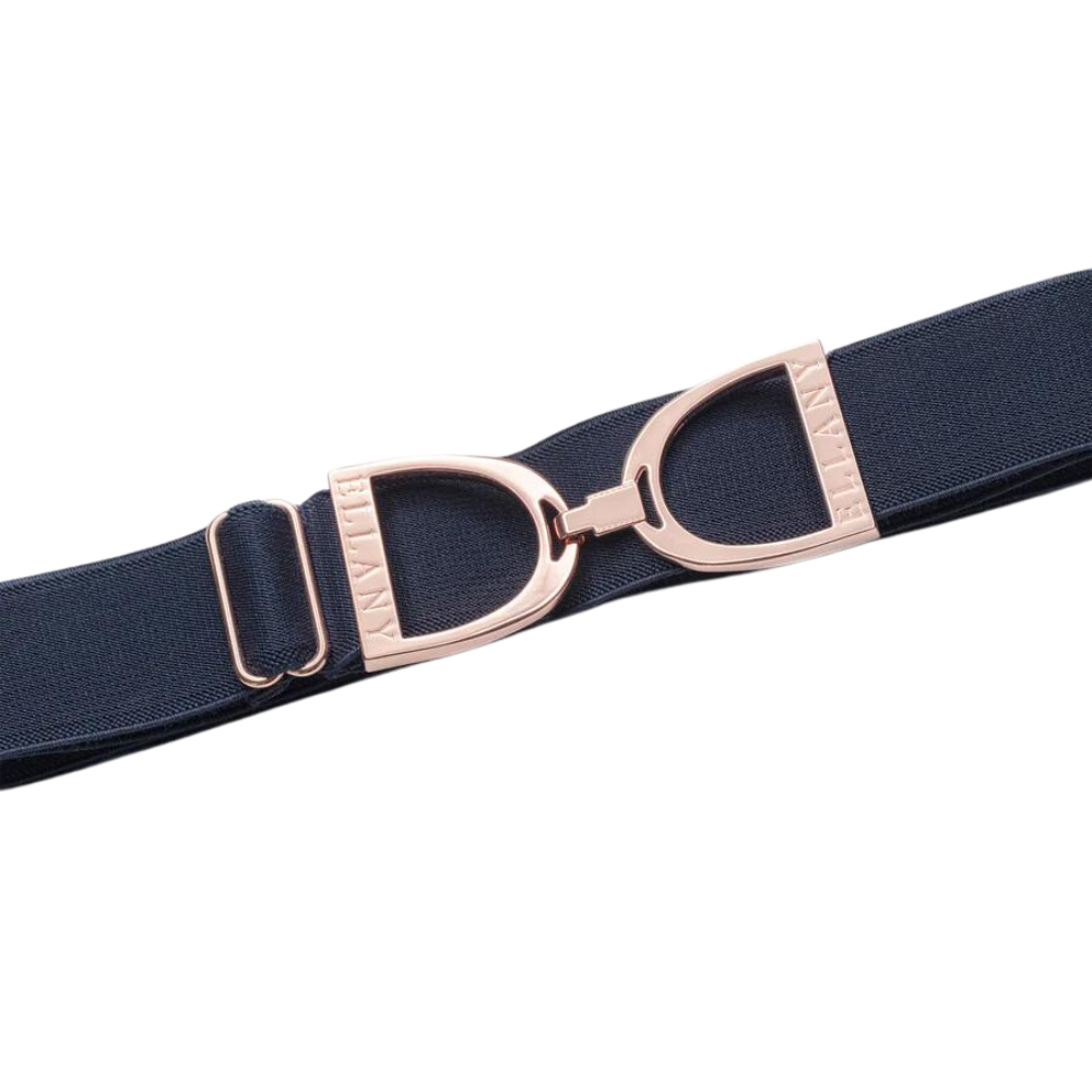 Ellany 1.5" Navy, Rose Gold Stirrup Buckle Belt