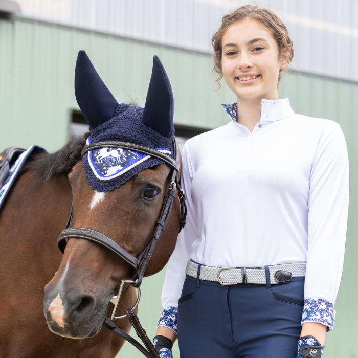 Ovation® Ellie Child's Tech Show Shirt, Blue Whimsical Horses