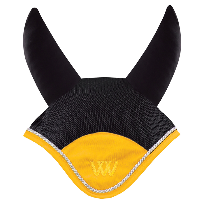 Woof Wear Black & Sunshine Yellow Ergonomic Fly Veil with silver rope edging and sunshine yellow binding.