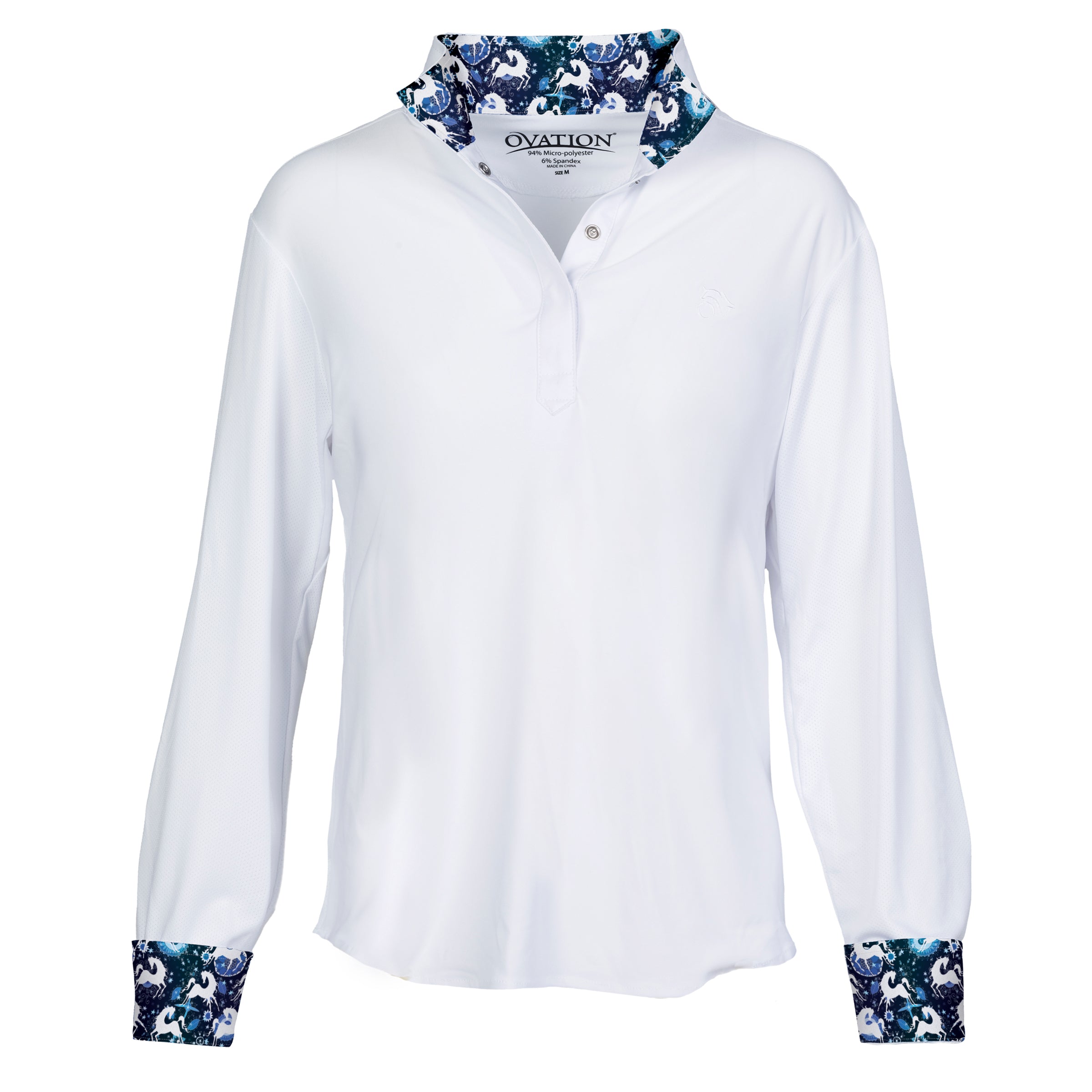 Ovation® Ellie Child's Tech Show Shirt, Blue Whimsical Horses